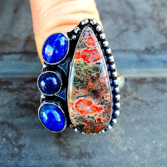 New Leopard Skin Jasper & Lapis Lazuli 925 Silver Ring. - Picture 2 of 14